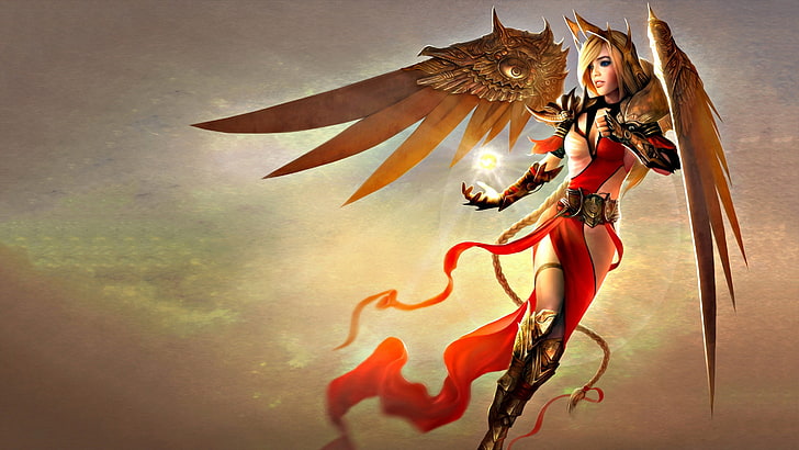 женщина в красно-белом костюме с крыльями веер арт, феи, ангел, HD обои