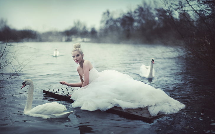 dress, flanagan, helen, lake, mood, raft, swans, HD wallpaper