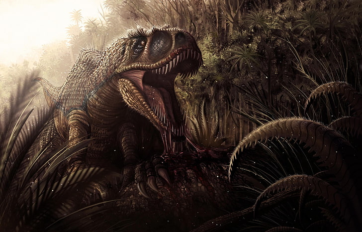 dinosauro grigio dipinto, drago, bocca, palme, mostro, Sfondo HD