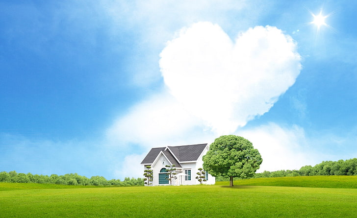 Dream Love House, green leafed tree, Aero, Creative, Love, Dream, House, HD wallpaper