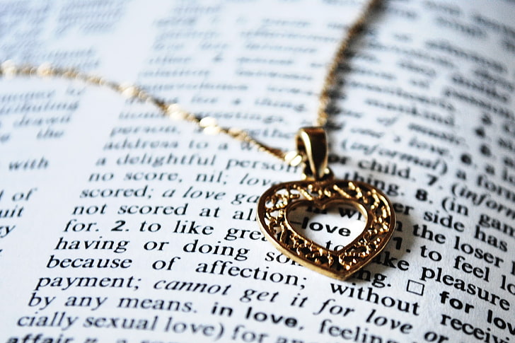 gold-colored heart necklace, pendant, heart, book, word, chain, HD wallpaper