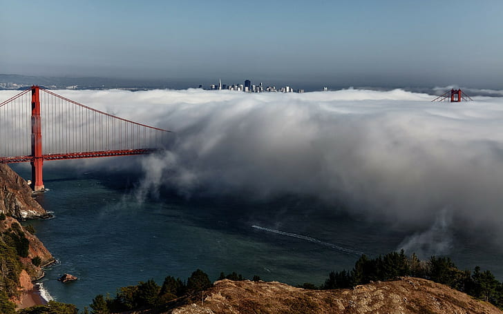 Nebbia, Golden Gate Bridge, ponte rosso e nebbia, USA, città, nebbia, Golden Gate Bridge, foto di San Francisco, Sfondo HD