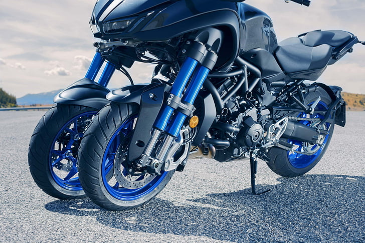 bicicleta deportiva de 3 ruedas negra y azul, Yamaha NIKEN, 2019, 4K, Fondo de pantalla HD