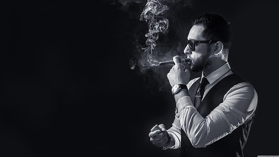 Фотография, мъже, пура, мъж, монохромен, дим, пушене, слънчеви очила, HD тапет HD wallpaper
