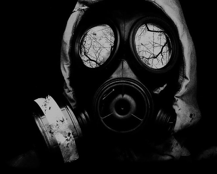 person wearing gas mask greyscale photo, gas masks, horror, apocalyptic, artwork, HD wallpaper