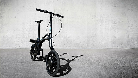 bici pieghevole nera su pavimentazione in cemento grigio, Peugeot eF01, parigi auto show 2016, bici elettrica pieghevole, Sfondo HD HD wallpaper