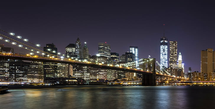 photography of bridge with light at nighttime, brooklyn bridge, brooklyn bridge, Brooklyn Bridge, photography, light, Manhattan  New York, Dumbo  Brooklyn, WTC, World Trade Center, Long Exposure, East River, Nighttime, new York City, manhattan - New York City, urban Skyline, uSA, brooklyn - New York, cityscape, skyscraper, lower Manhattan, downtown District, river, night, new York State, city, urban Scene, famous Place, architecture, dom Tower - New York, bridge - Man Made Structure, hudson River, HD wallpaper