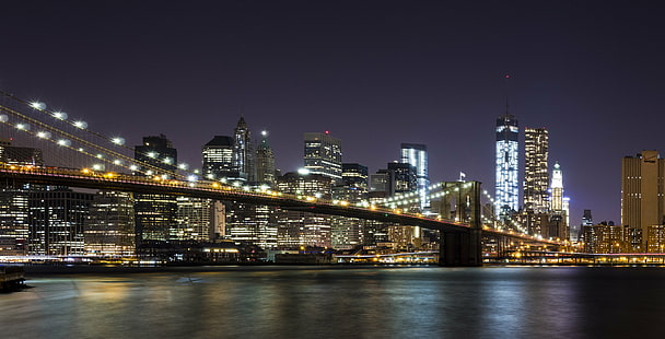 photography of bridge with light at nighttime, brooklyn bridge, brooklyn bridge, Brooklyn Bridge, photography, light, Manhattan  New York, Dumbo  Brooklyn, WTC, World Trade Center, Long Exposure, East River, Nighttime, new York City, manhattan - New York City, urban Skyline, uSA, brooklyn - New York, cityscape, skyscraper, lower Manhattan, downtown District, river, night, new York State, city, urban Scene, famous Place, architecture, dom Tower - New York, bridge - Man Made Structure, hudson River, HD wallpaper HD wallpaper
