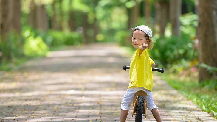 boy's yellow shirt, boy, bicycle, mood, HD wallpaper