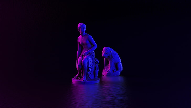 статуя, 3D, визуализация, неонови светлини, жени, 4K, камъни, мрамор, тъмно, отрепка, HD тапет