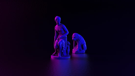 statua, 3D, render, luci al neon, donne, 4K, pietre, marmo, buio, geek, Sfondo HD HD wallpaper