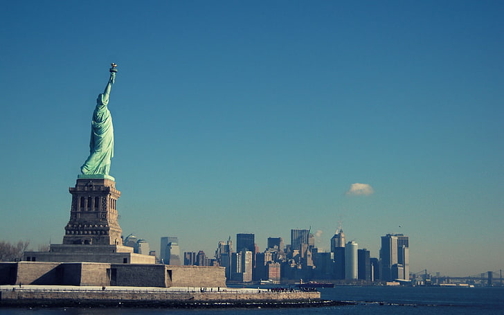 Ню Йорк, САЩ, чисто небе, град, Статуя на свободата, HD тапет
