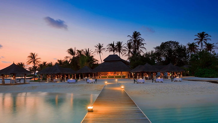 pier, beach, resort, palms, evening, maldives, exotic, travel, holiday, summer, island, asia, HD wallpaper