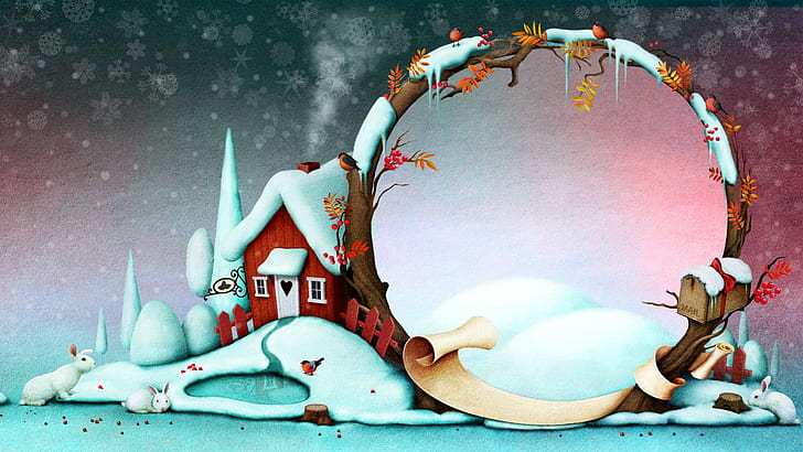 art, illustration, winter, winter season, graphics, cottage, snow, rabbits, artwork, white rabbits, HD wallpaper