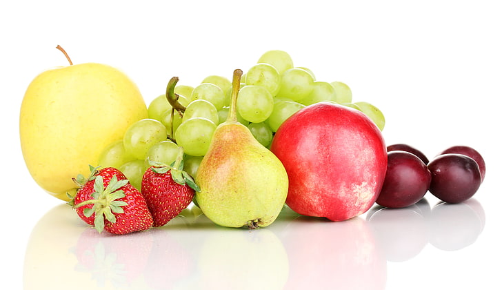 фруктовое ассорти, ягоды, яблоки, клубника, виноград, фрукты, слива, груша, HD обои