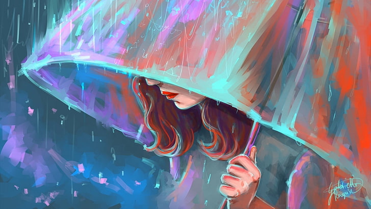 여자가 들고 우산 그림, 디지털 아트, 그림, 여자, 얼굴, 작품, 긴 머리, 우산, 비, 화려한, 빨간 립스틱, HD 배경 화면