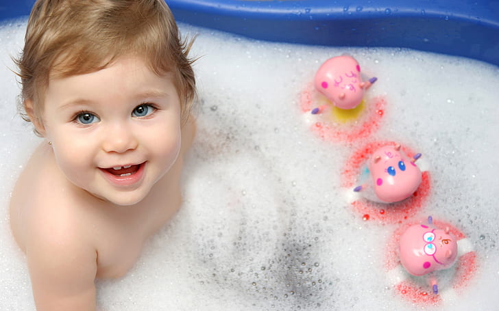 Cute Baby Bath HD, toddler's 3 pink inflatable toys, cute, baby, bath, HD wallpaper