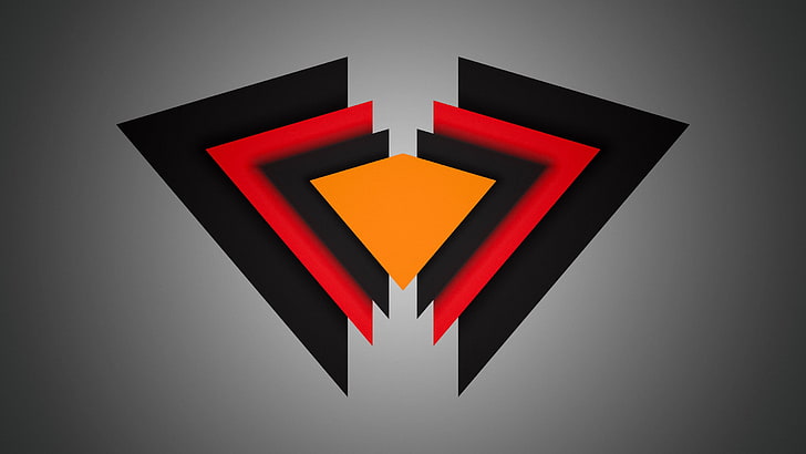 ilustracja logo w kolorze czerwonym, pomarańczowym i czarnym, trójkąt, materiał minimalny, czerwony, czarny, pomarańczowy, winieta, Tapety HD