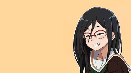 sonriendo, meganekko, ojos cerrados, Tanaka Asuka, cabello negro, anime, chicas anime, gafas, Hibike!Euphonium, fondo simple, uniforme escolar, Fondo de pantalla HD HD wallpaper