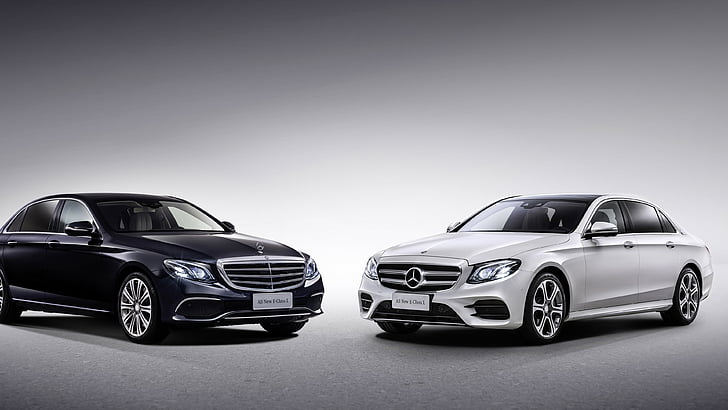 два черно-бели седана на Mercedes-Benz, Mercedes-Benz E 320 L Exclusive Line, автосалон в Пекин 2016, Auto China 2016, 4MATIC, e клас, седан, HD тапет