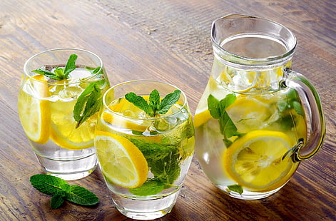 still life, lemons, leaves, Lemonade, mint leaves, drink, drinking glass, wooden surface, HD wallpaper HD wallpaper