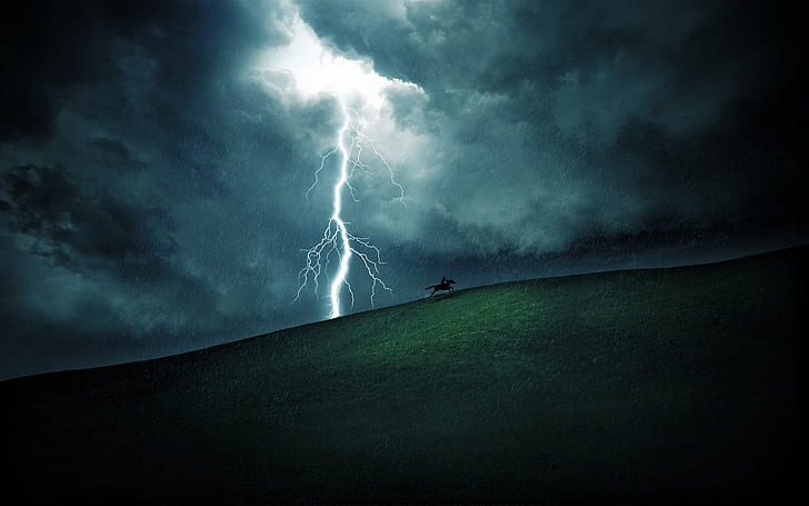 field, the sky, grass, clouds, rain, hills, zipper, lightning, landscapes, horse, riders, rains, HD wallpaper