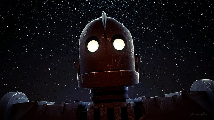 робот персонажа из фильма иллюстрация, железный великан, звезды, огни, кино, HD обои