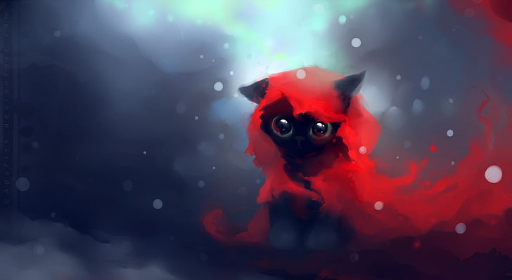 Red Riding Hood Cat, обои черного котенка, Художественные, Фэнтези, Красивые, Зима, Котенок, Черный, Произведения искусства, Китти, Животное, Снег, Снежинки, Живопись, Симпатичные, Картина кота, Черный кот, HD обои