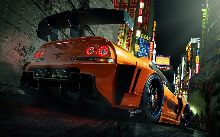 auto sportiva arancione, Nissan Skyline GT-R R34, auto sportiva, arte digitale, Need for Speed, Sfondo HD