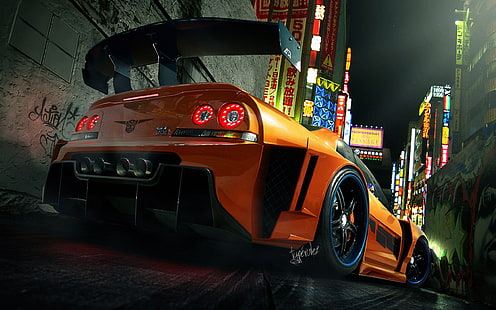 pomarańczowy samochód sportowy, Nissan Skyline GT-R R34, samochód sportowy, grafika cyfrowa, Need for Speed, Tapety HD HD wallpaper