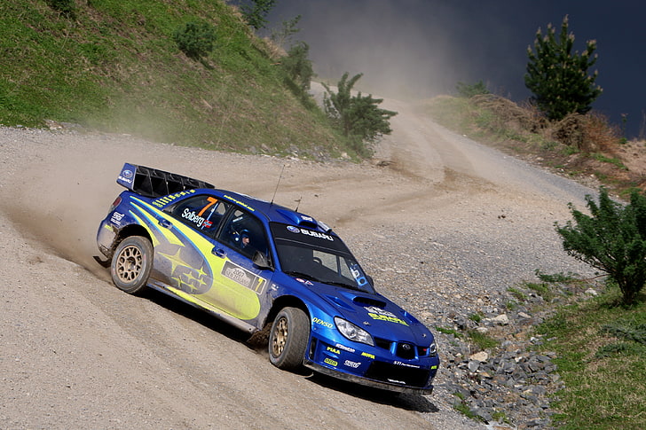 blue and green racing car, dust, skid, subaru, gravel, new Zealand, rally, wrx, impreza, wrc, sti, 2007, the Chicane, petter, Peter, Solberg, special stage, HD wallpaper