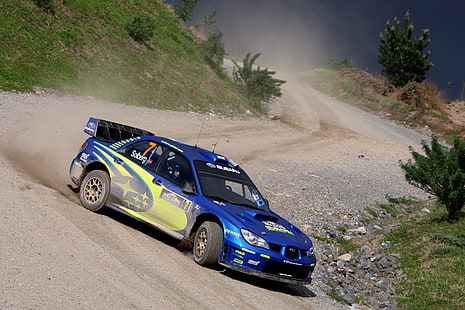 blue and green racing car, dust, skid, subaru, gravel, new Zealand, rally, wrx, impreza, wrc, sti, 2007, the Chicane, petter, Peter, Solberg, special stage, HD wallpaper HD wallpaper