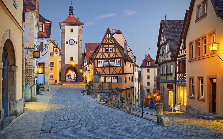 Alemanha, rua, luz de rua, casa, cidade, vila, céu claro, HD papel de parede