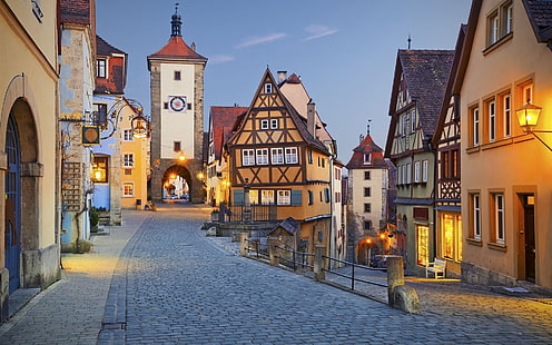 Alemanha, rua, luz de rua, casa, cidade, vila, céu claro, HD papel de parede HD wallpaper