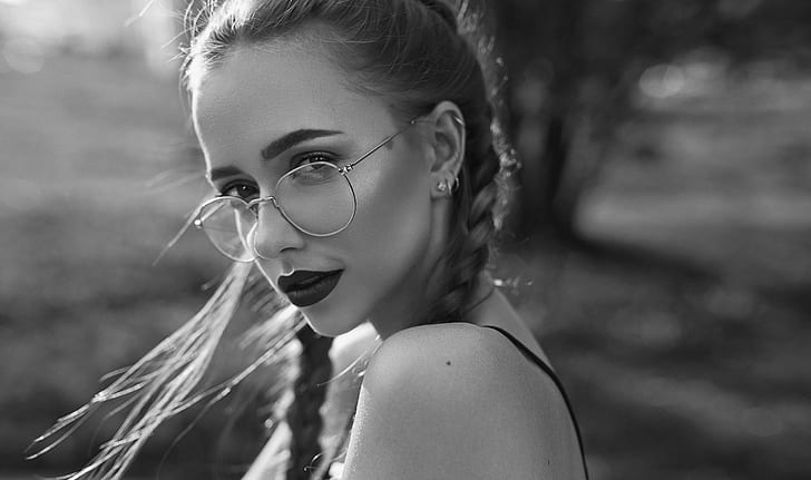 wanita, model, wanita dengan kacamata, potret, monokrom, Anastasia Lis, Wallpaper HD