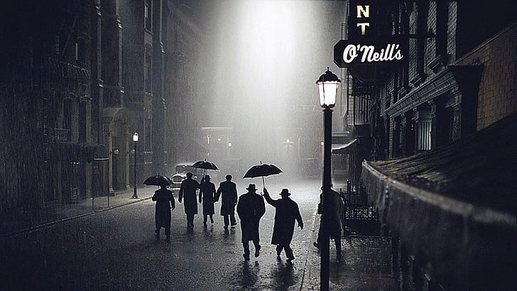 ноар, улица, нощ, дъжд, фенер, хора, чадър, път към гибелта, HD тапет