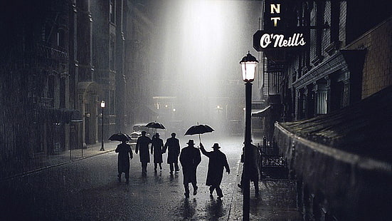 noir, street, night, rain, lantern, people, umbrella, Road to Perdition, HD wallpaper HD wallpaper