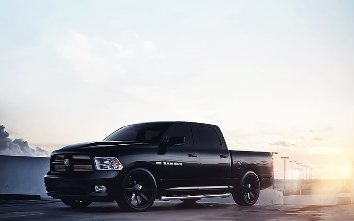 black Dodge Ram, the sky, the sun, sunset, black, tuning, jeep, Dodge, drives, pickup, the front, 1500, Ram, REM, HD wallpaper