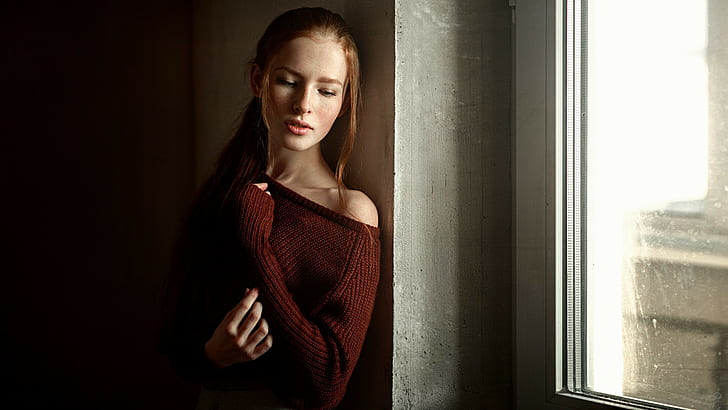 women redhead sweater georgiy chernyadyev, HD wallpaper