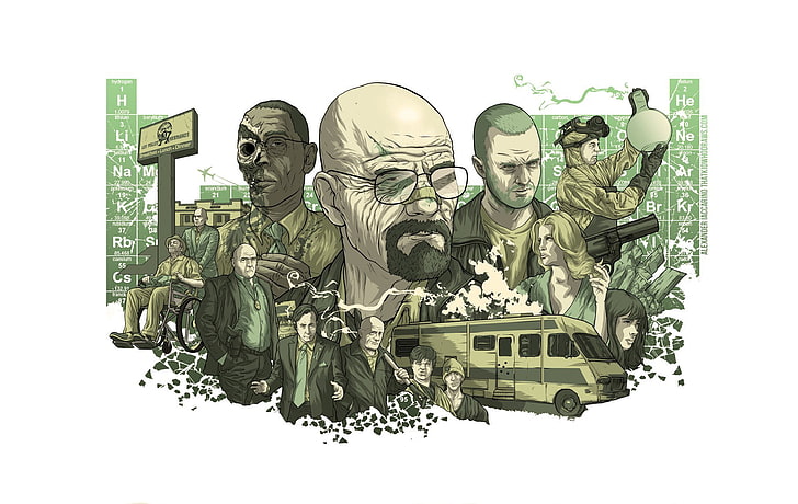men and bus collage wallpaper, the series, characters, Jesse pinkman, breaking bad, dope, Heisenberg, Walter white, methamphetamine, chemical table, HD wallpaper