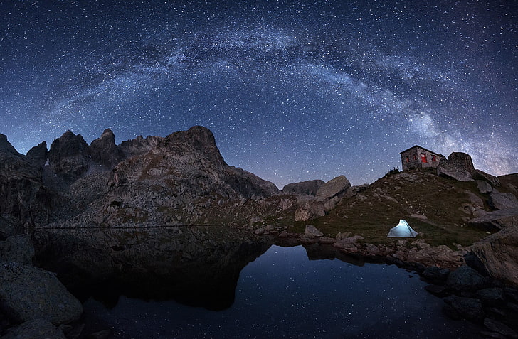 rocky mountain, nature, night, stars, Milky Way, landscape, mountains, rock, house, tent, lake, reflection, HD wallpaper