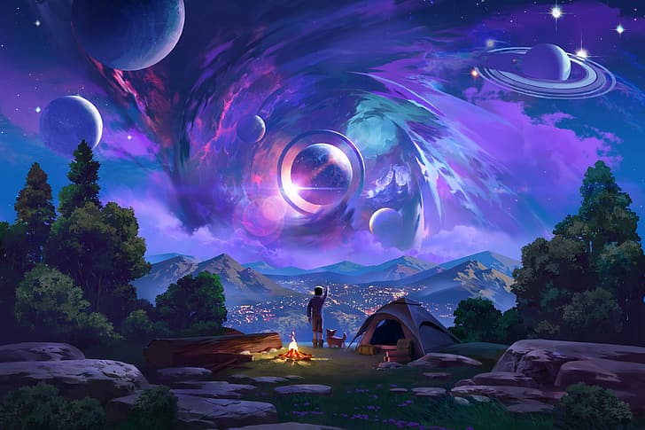 งานศิลปะ ศิลปะแฟนตาซี ท้องฟ้า ดาวเคราะห์ กาแล็กซี ธรรมชาติ ต้นไม้ สุนัข หิน ไฟ ไฟ, วอลล์เปเปอร์ HD