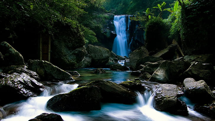 waterfall, stream, nature, rock, long exposure, landscape, water, river, trees, HD wallpaper