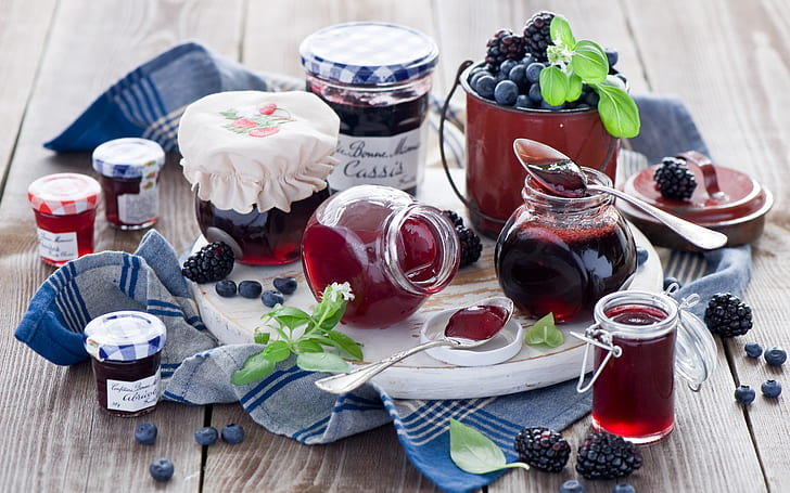 Still life, food, jam, blueberries, blackberries, jars, pots, spoons, pink jelly in bottle lot, Still, Life, Food, Jam, Blueberries, Blackberries, Jars, Pots, Spoons, HD wallpaper