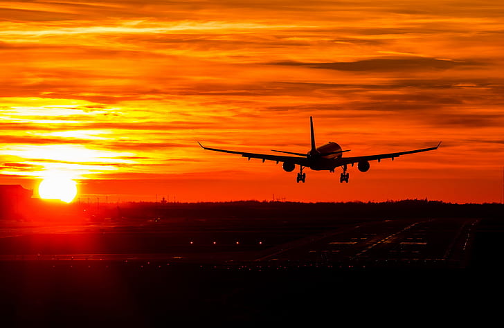 Samoloty, Airbus A330, Airbus, Samolot, Lotnisko, Pomarańczowy, Niebo, Zachód słońca, Tapety HD