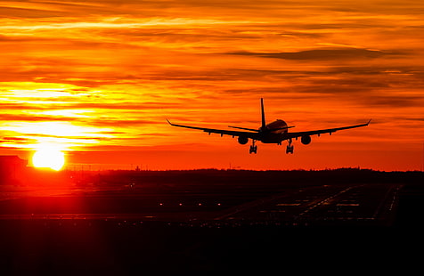 Самолети, Airbus A330, Airbus, самолет, летище, оранжево, небе, залез, HD тапет HD wallpaper