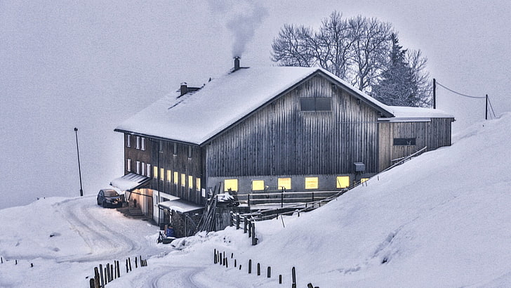 Austria, cabaña, nieve, Fondo de pantalla HD
