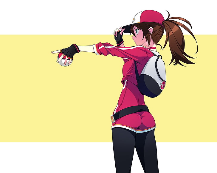 Anime, Anime Girls, lange Haare, Pokemon Go, grüne Augen, Baseballmützen, Brünette, Pokémon-Trainer, HD-Hintergrundbild