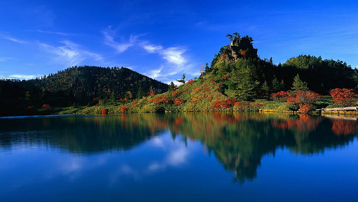 Reflective Blue, reflection, mountain, trees, lake, blue, 3d and abstract, HD wallpaper
