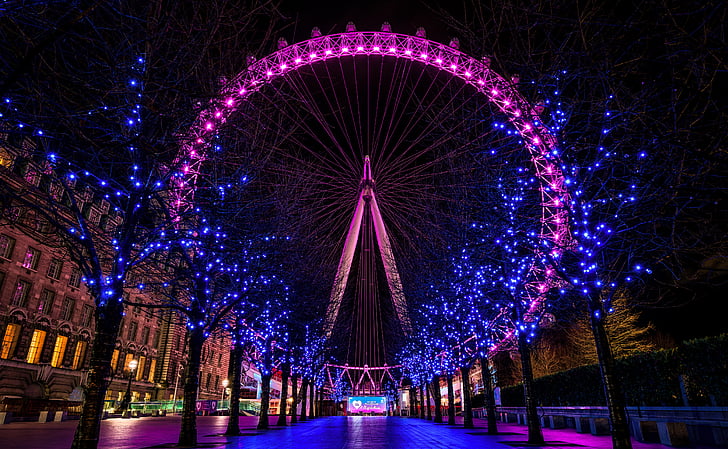 London Eye, Ночь, Неоновые огни, Пурпурный оттенок, Светящиеся огни, 5K, HD обои